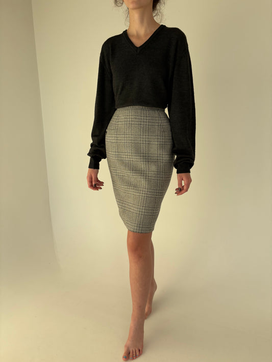 Fustă italiană din tweed de lana cu talie ultra înaltă în nuanțe neutre