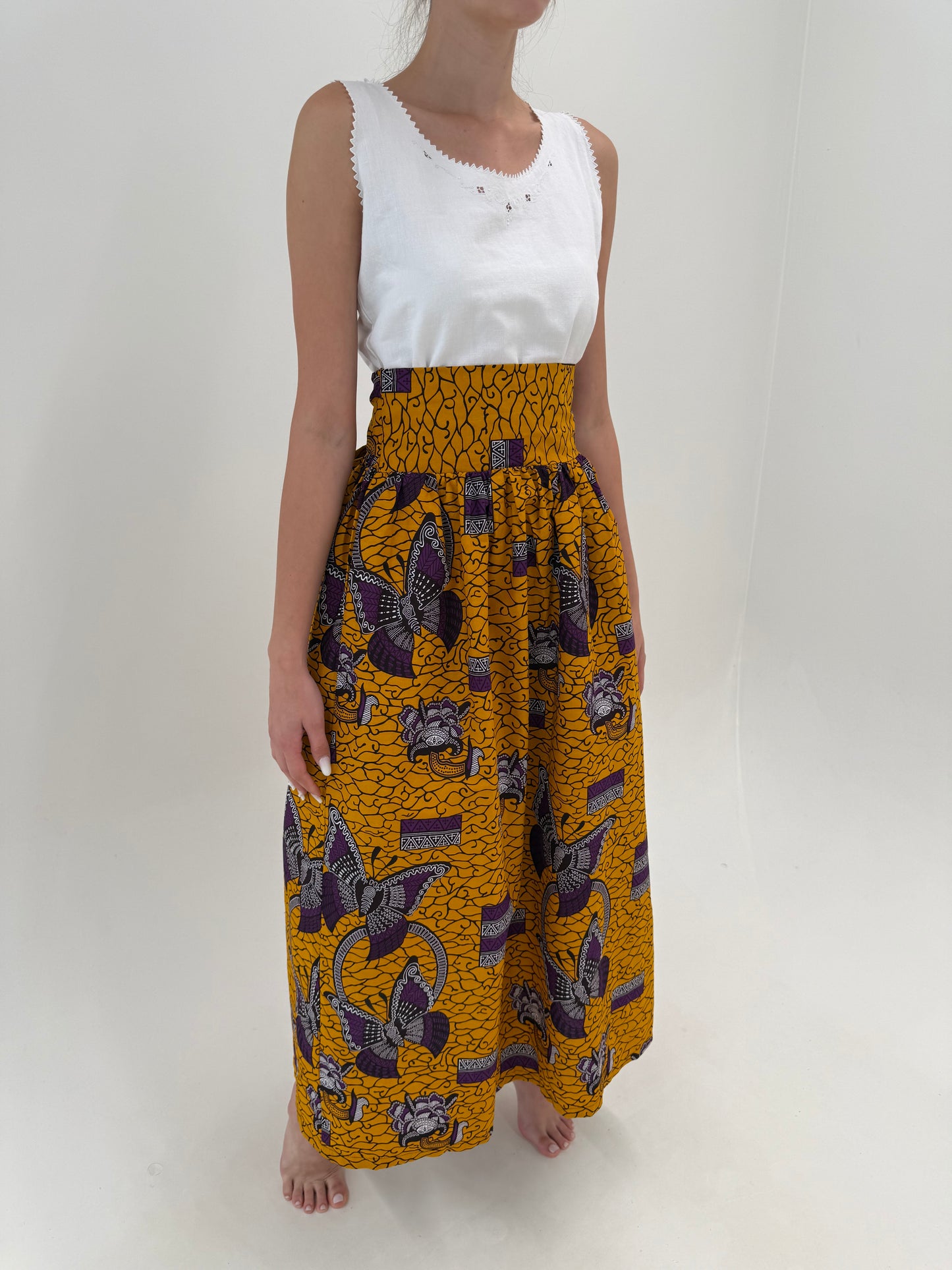 Fuste maxi new old stock din canvas de bumbac cu print manual saffron yellow