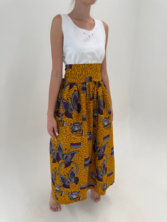 Fuste maxi new old stock din canvas de bumbac cu print manual saffron yellow