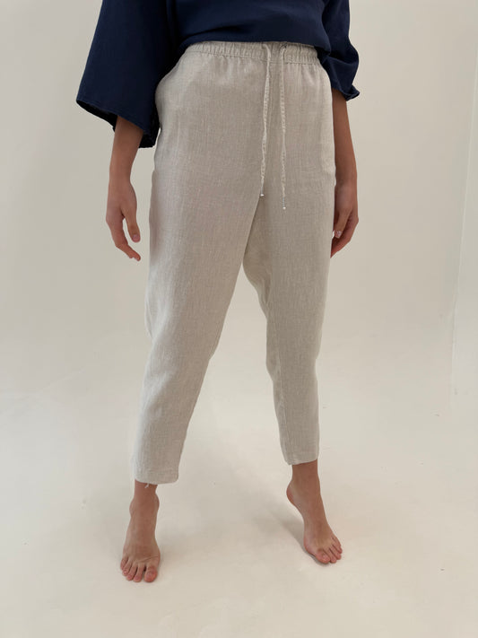 Pantaloni din in cu talie ultra înaltă elastică reglabilă