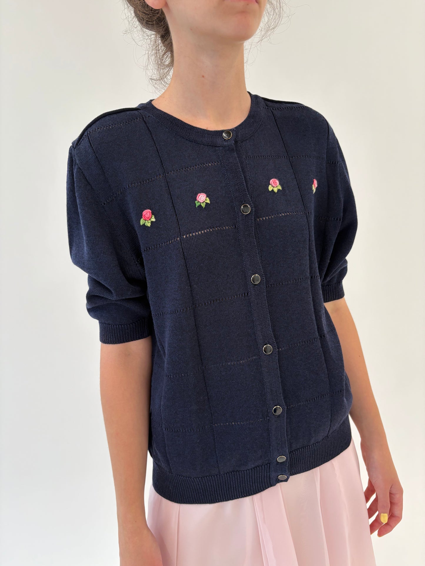 Top vintage Navy cu broderie manuală 3D din jerse de vară