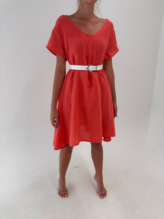 Rochie italiană coral red în croi lejer din in premium cu buzunare