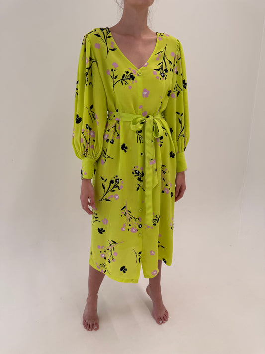 Rochie neon green cu mâneci ultra ample cu manșetă îngustată  și cordon