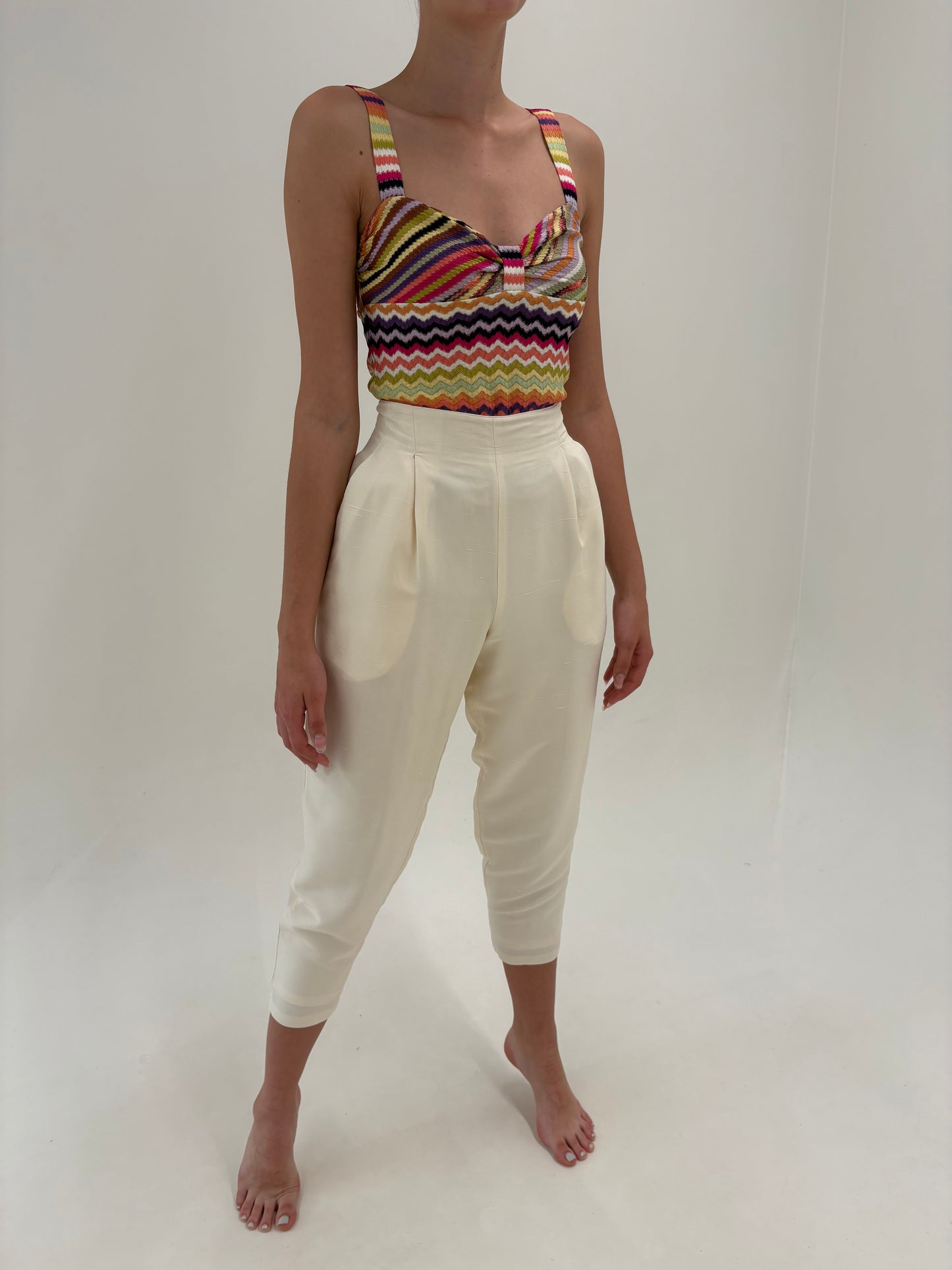 Pantaloni Gucci petite din mătase naturală butter white cu talie ultra înaltă