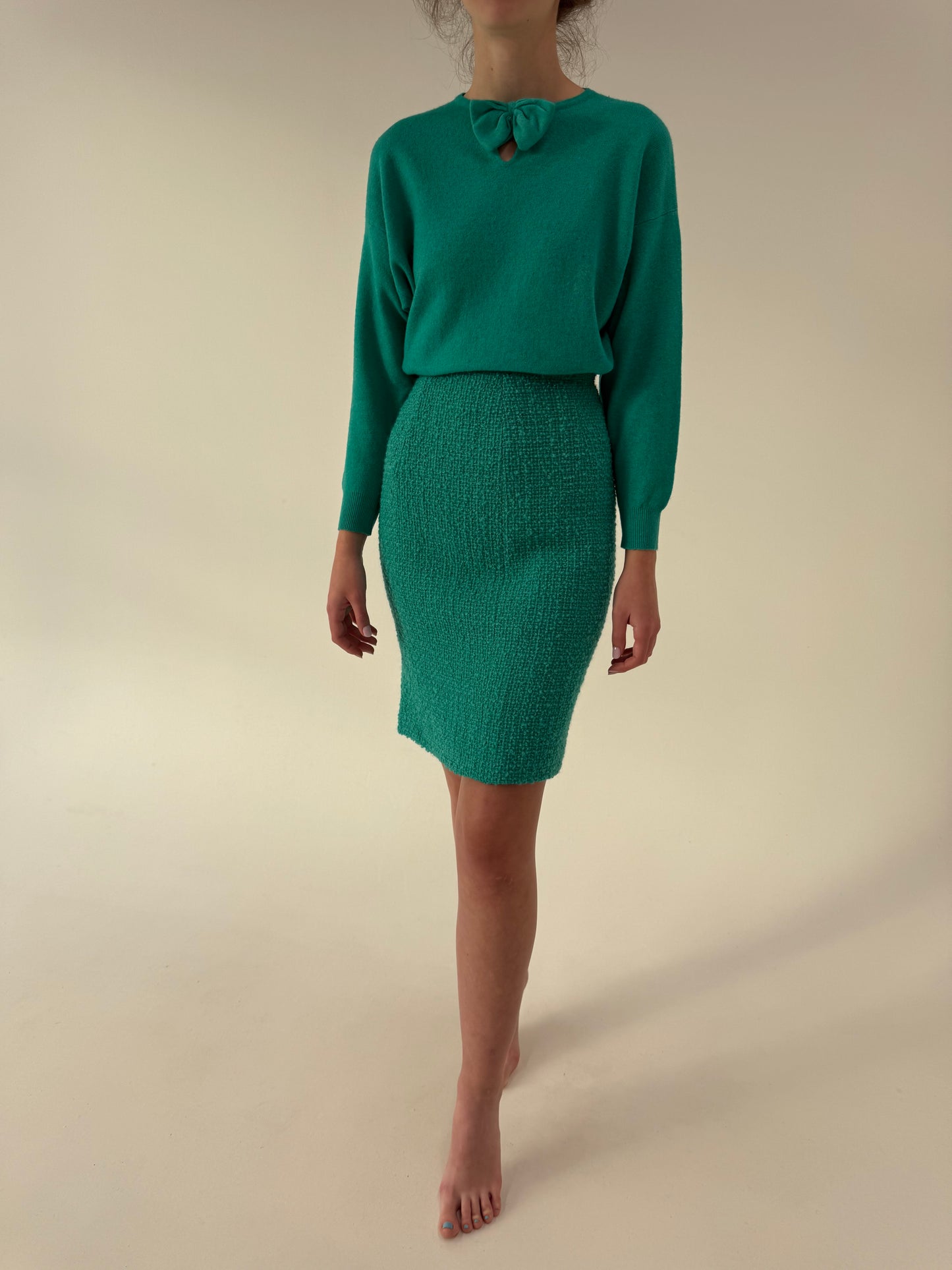 Fustă în stil Chanel teal green din boucle de lana