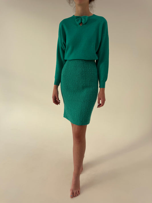 Fustă în stil Chanel teal green din boucle de lana