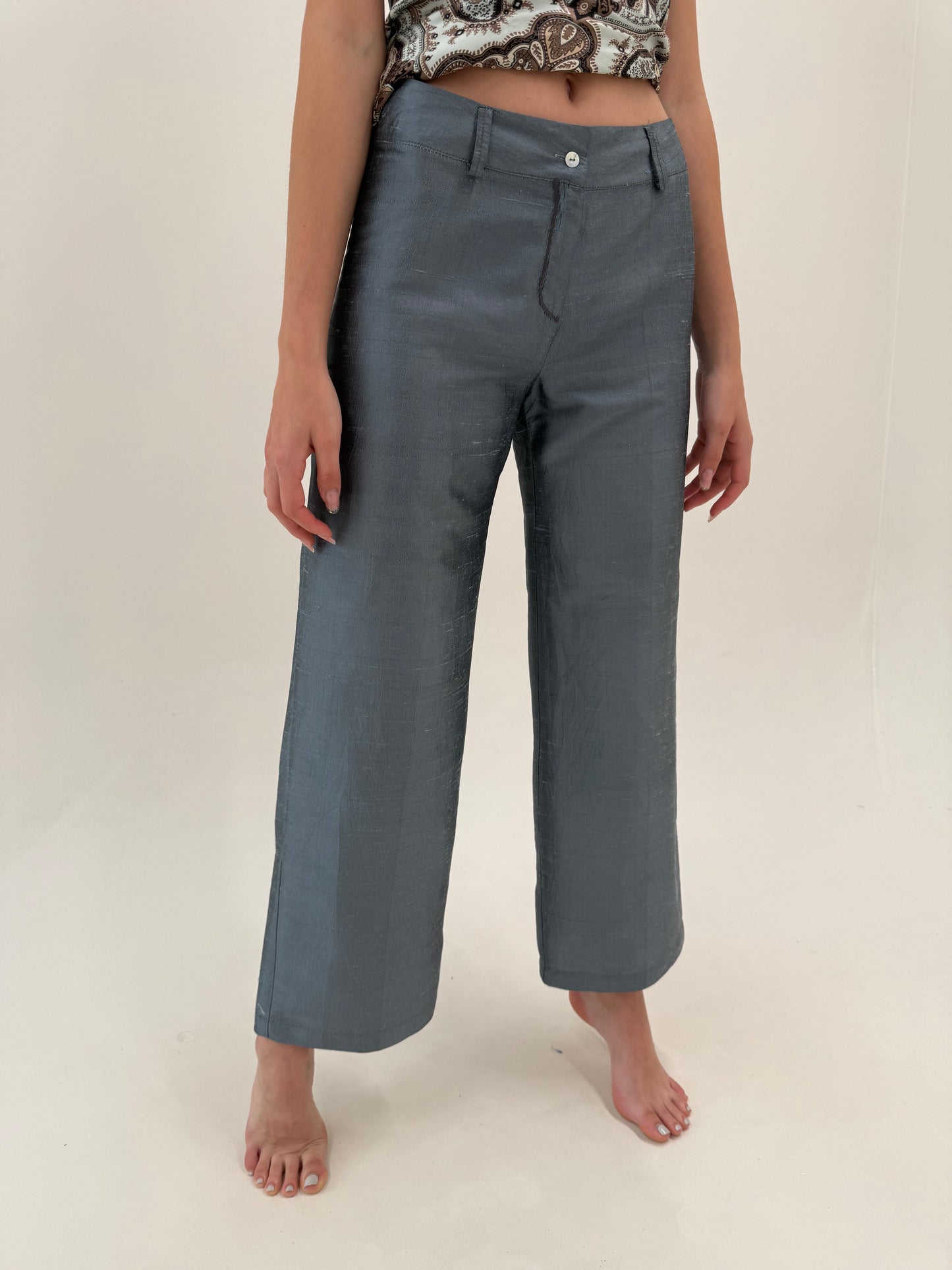 Pantaloni palazzo silver gray din mătase naturală dupioni