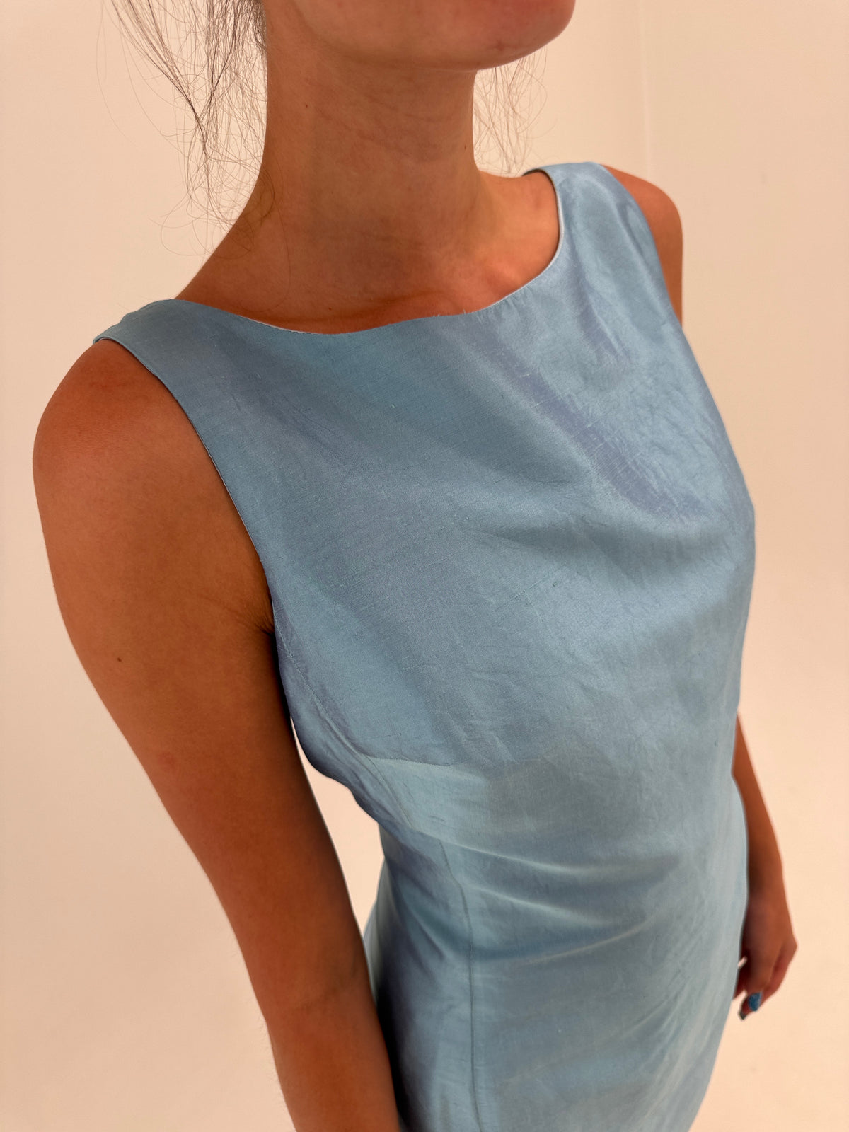 Rochie baby blue în croi minimalist din mătase naturală dupioni