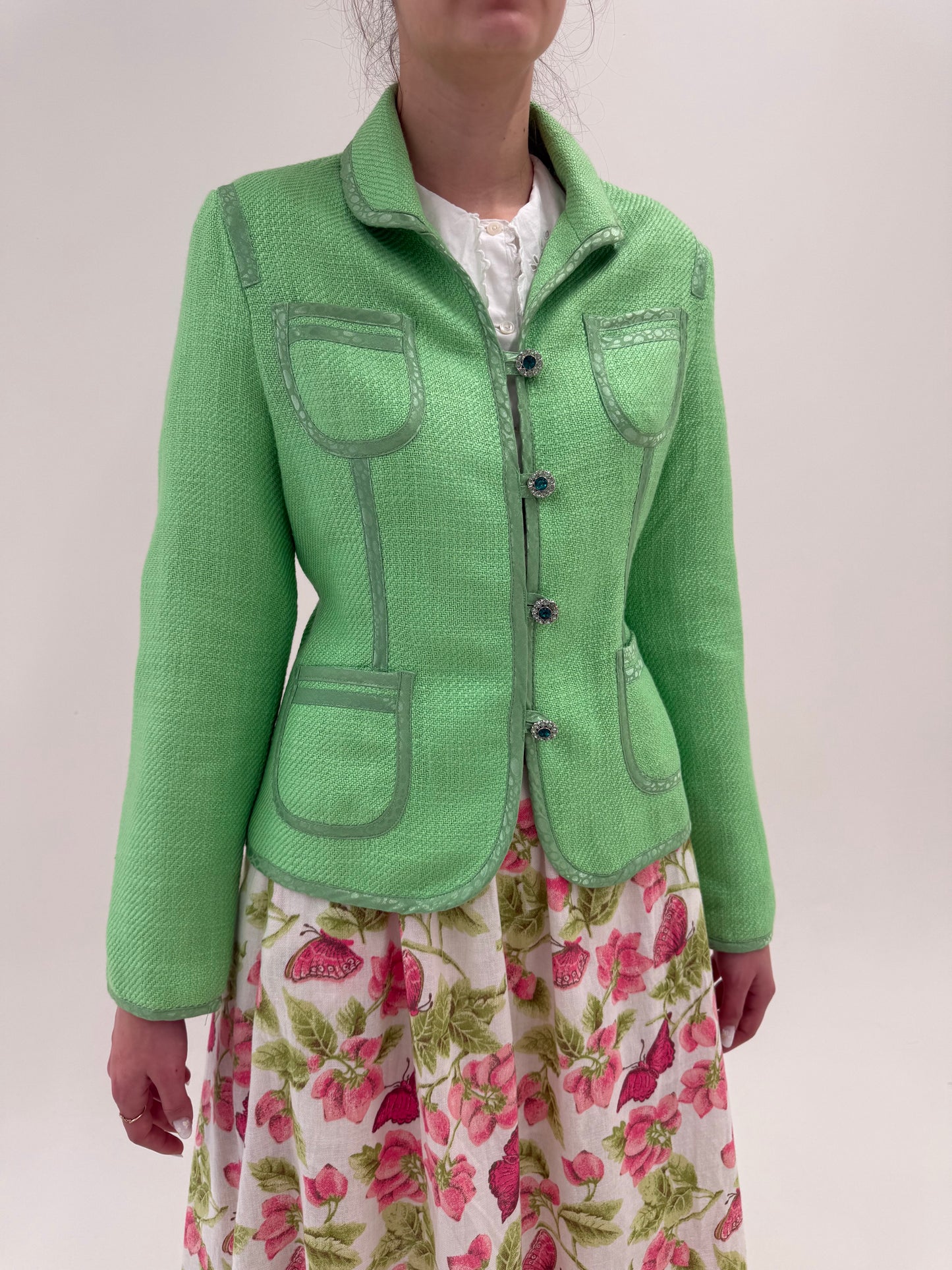 Sacou verde crud cambrat din tweed excepțional de in cu paspoal