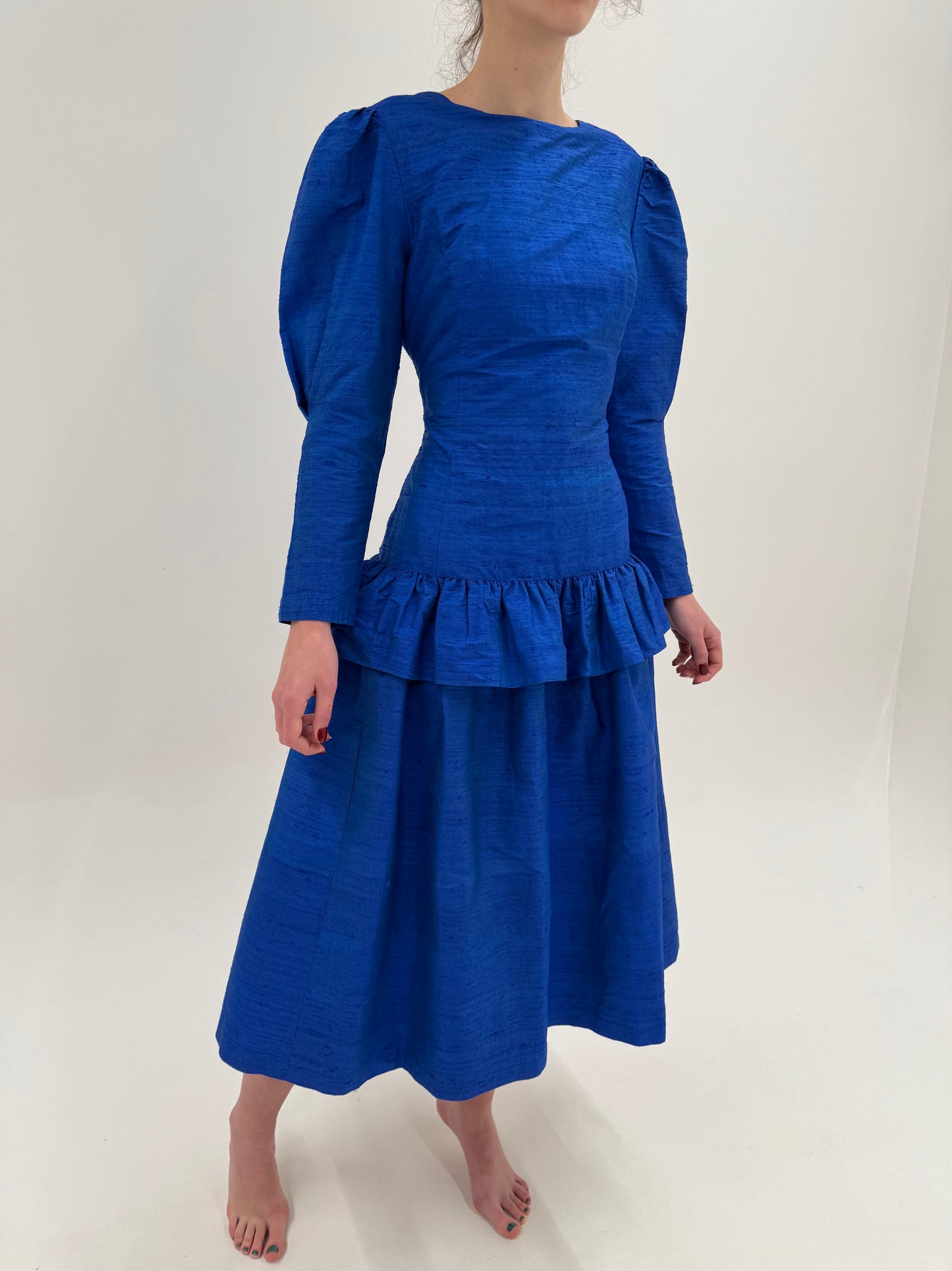 Rochie vintage albastru regal din mătase naturală dupioni groasă