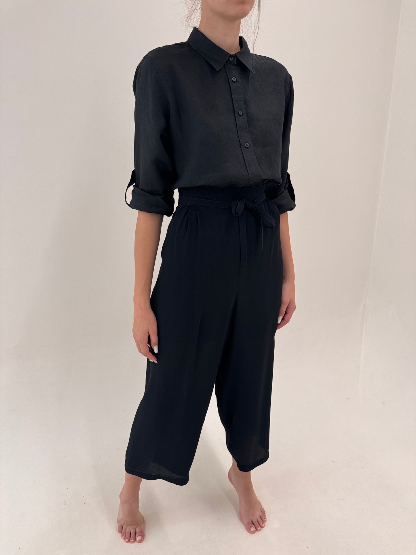 Pantaloni plus size super vaporoși negru da vară cu talie ultra înaltă