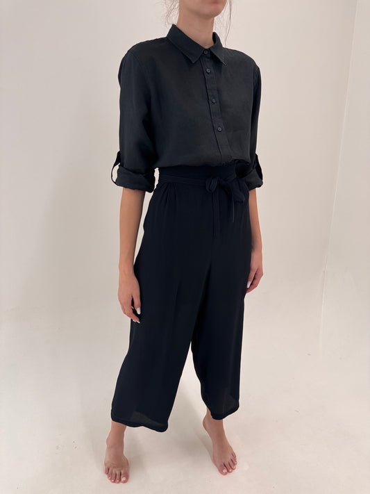 Pantaloni plus size super vaporoși negru da vară cu talie ultra înaltă