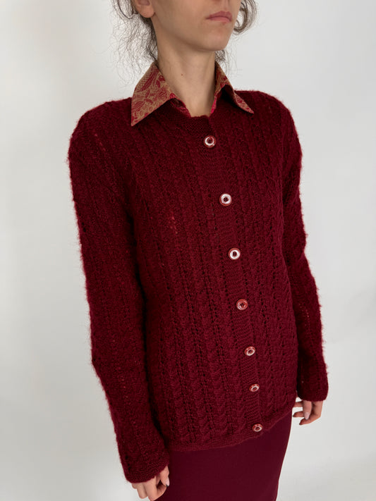 Cardigan dantelat din lana plină burgundy