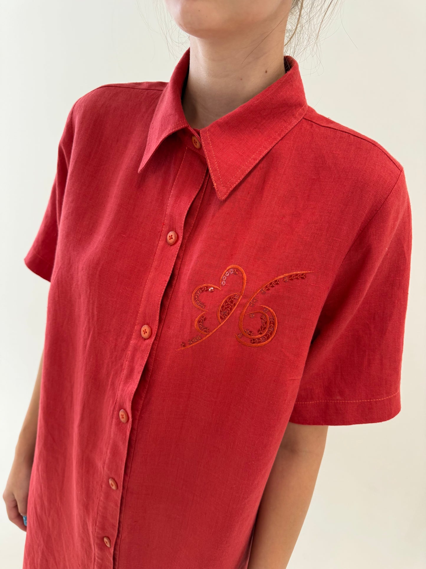 Rochie italiană brick red din in excepțional cu broderie