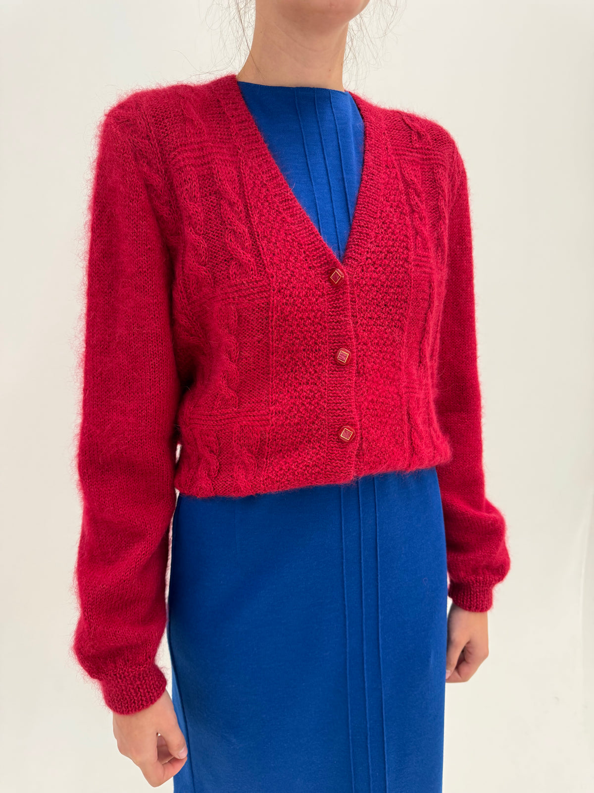 Cardigan vintage raspberry red din baby mohair