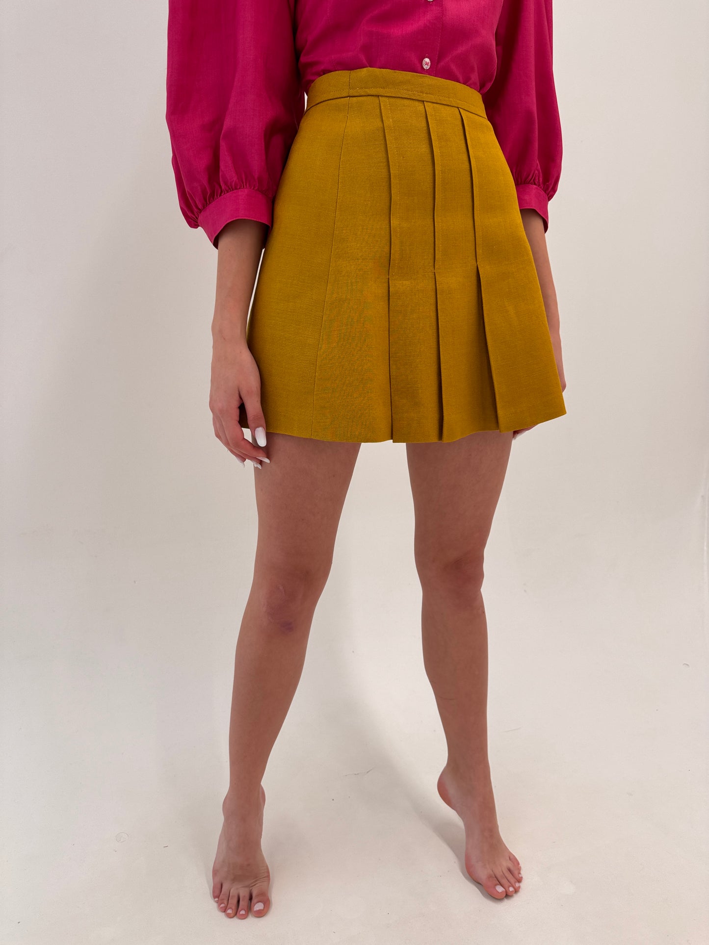 Fustă vintage mustard green plisată din pânză excepțională de in