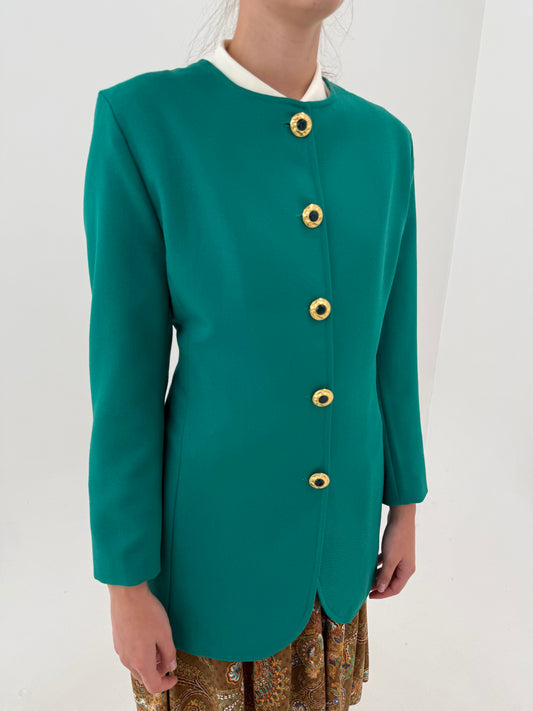 Sacou vintage în croi lung tip pardesiu din lana extrafina emerald green și nasturi bijuterie