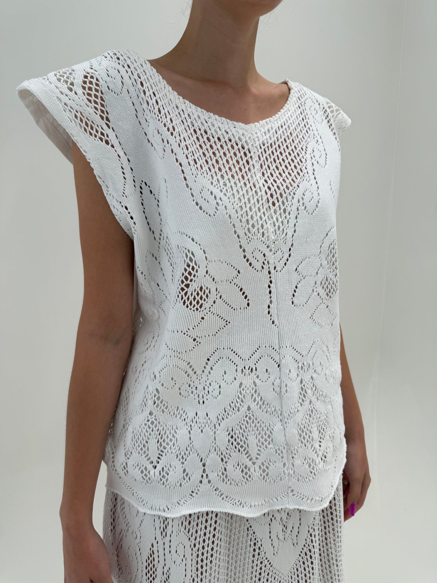 Set excepțional din macrame ultra confort și pânză de in cu fustă maxi