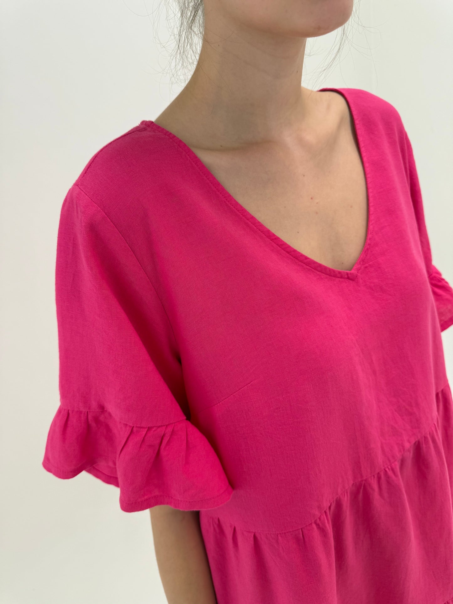 Rochie din in premium fucsia în croi lejer ultra confort