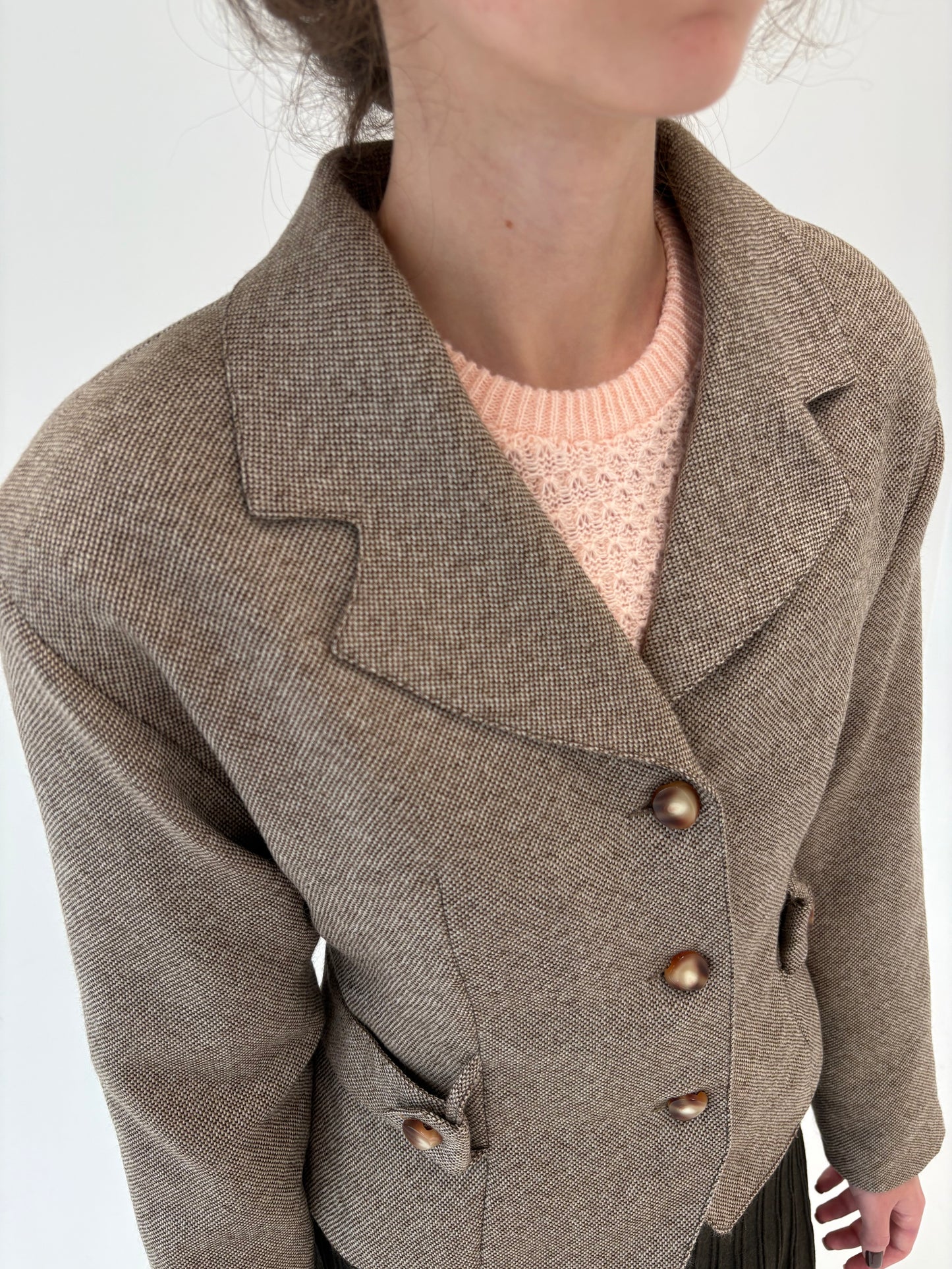 Sacou vintage cambrat chocolate brown cu ivoire din lana plină extrafina