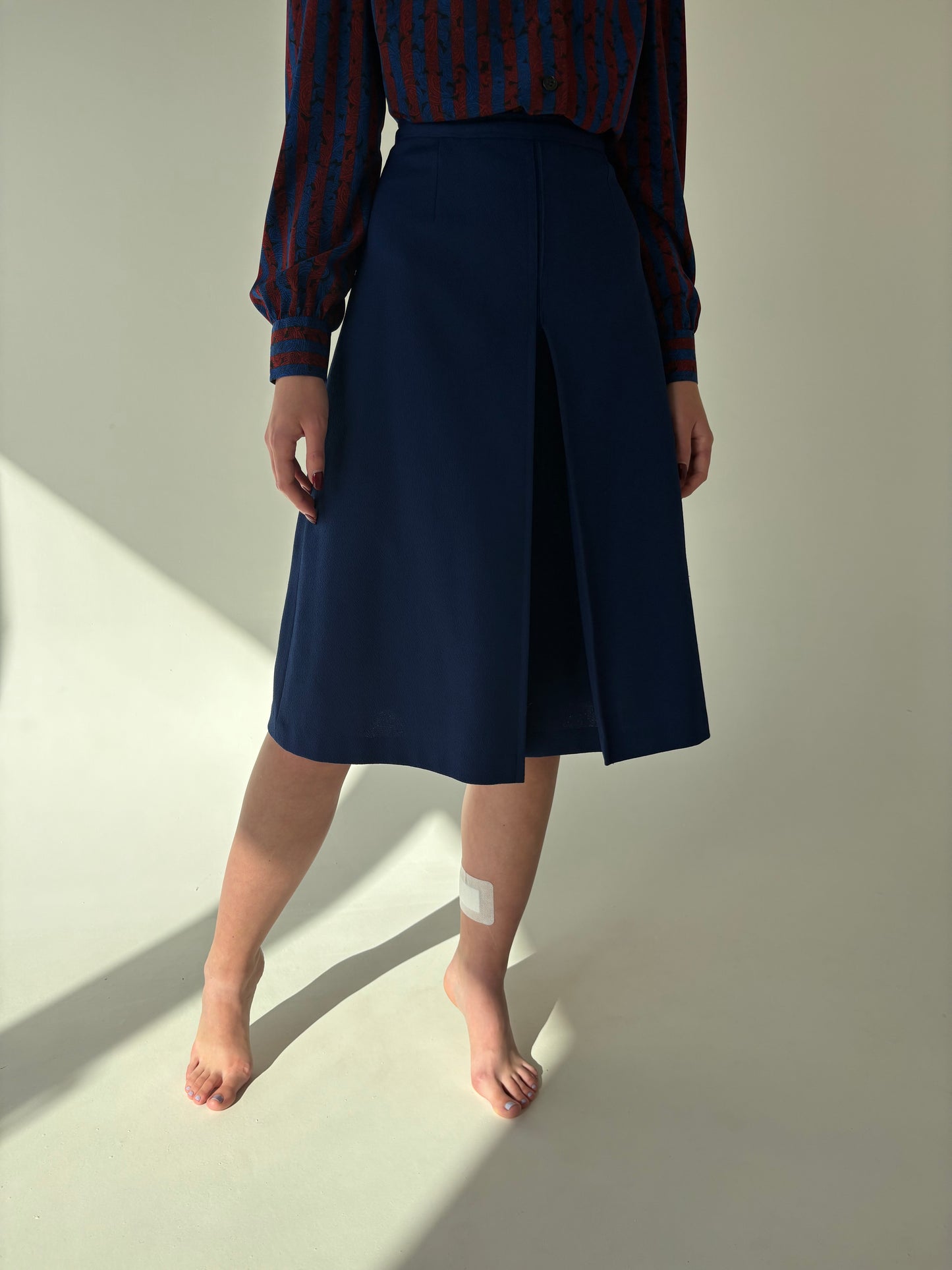 Culottes vintage din bolrocart ușor elastic albastru cerneală