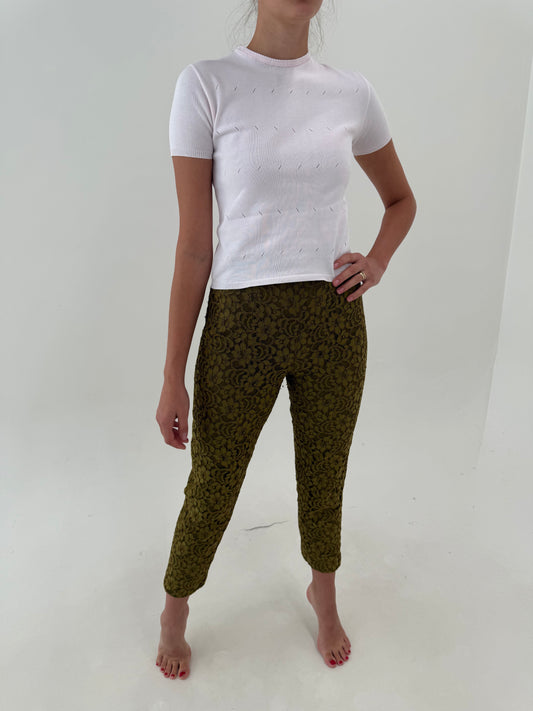 Pantaloni Moschino bijuterie din dantelă groasă guipure kaki de la zi la seară