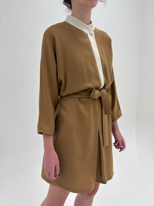 Rochie old vintage camel anii 70 cu talie ultra înaltă reglabilă din lana extrafina