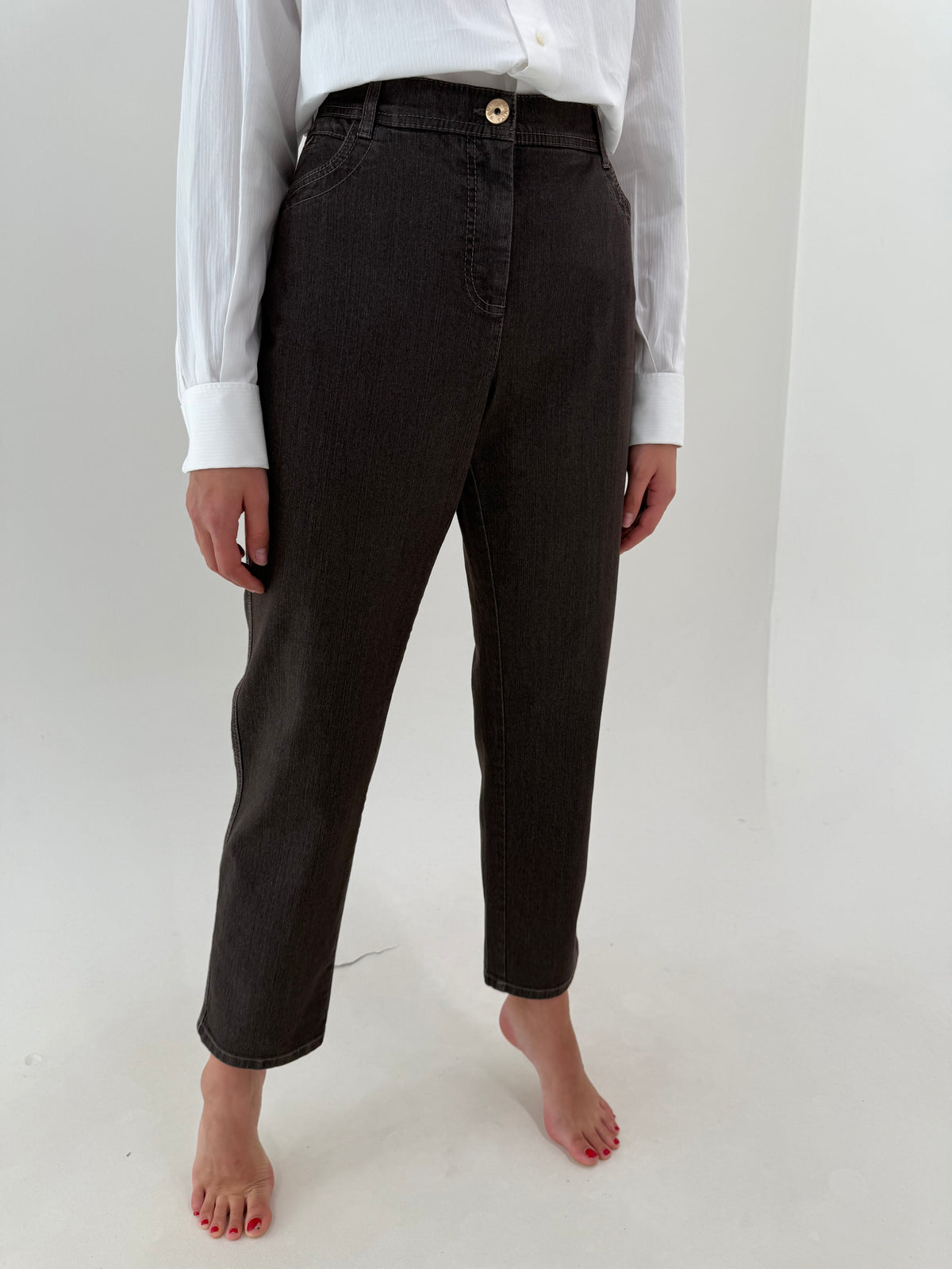 Jeans chocolate brown ultra confort modelatori cu etichetă straight leg