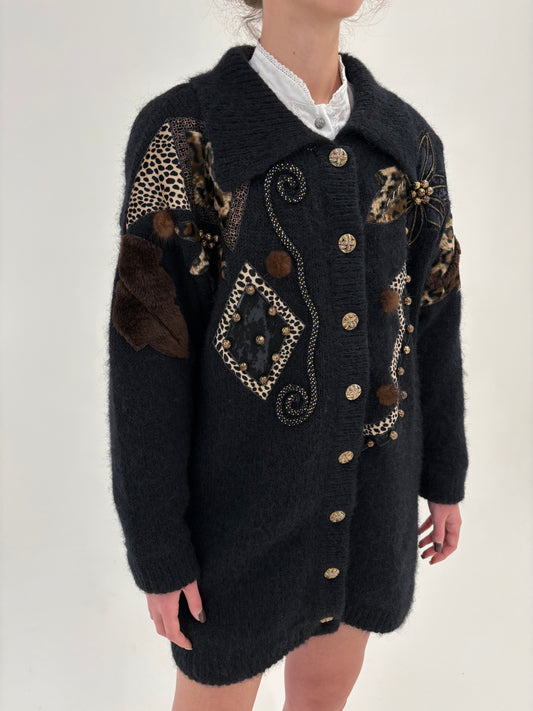 Jacheta vintage glam italiană din mohair lucrat manual cu aplicații anii 90