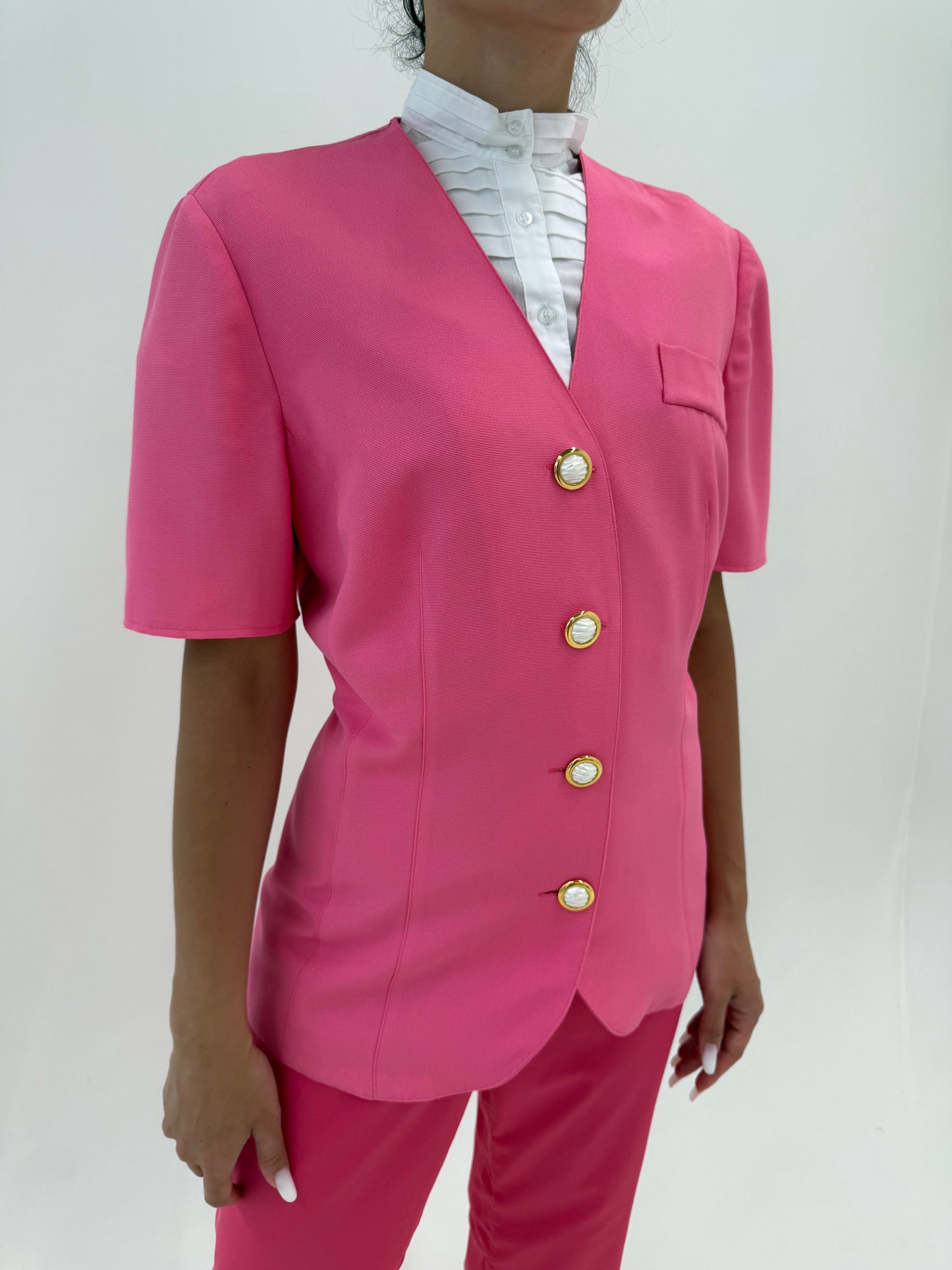 Sacou Barbie pink vintage din faille cu nasturi perlă supradimensionați