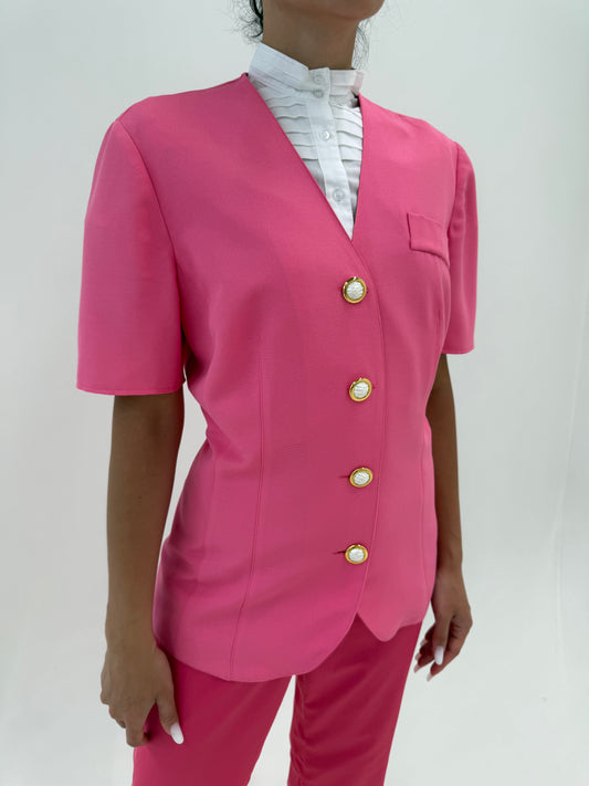 Sacou Barbie pink vintage din faille cu nasturi perlă supradimensionați