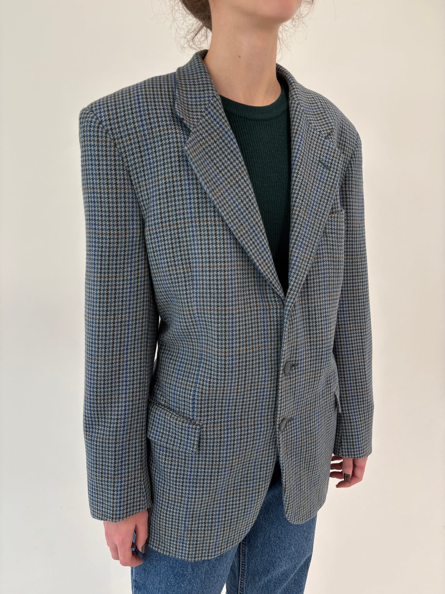 Sacou în carouri pied de coq Jeans blue din tweed moale de lana certificată