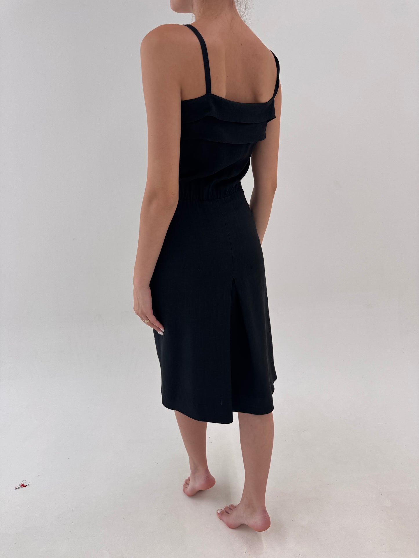 LBD vintage din pânză moale de in premium negru cu talie marcată