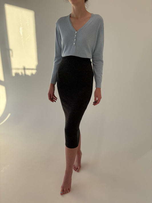 Fustă midi spre maxi din jerse de lana extrafina cu talie ultra înaltă