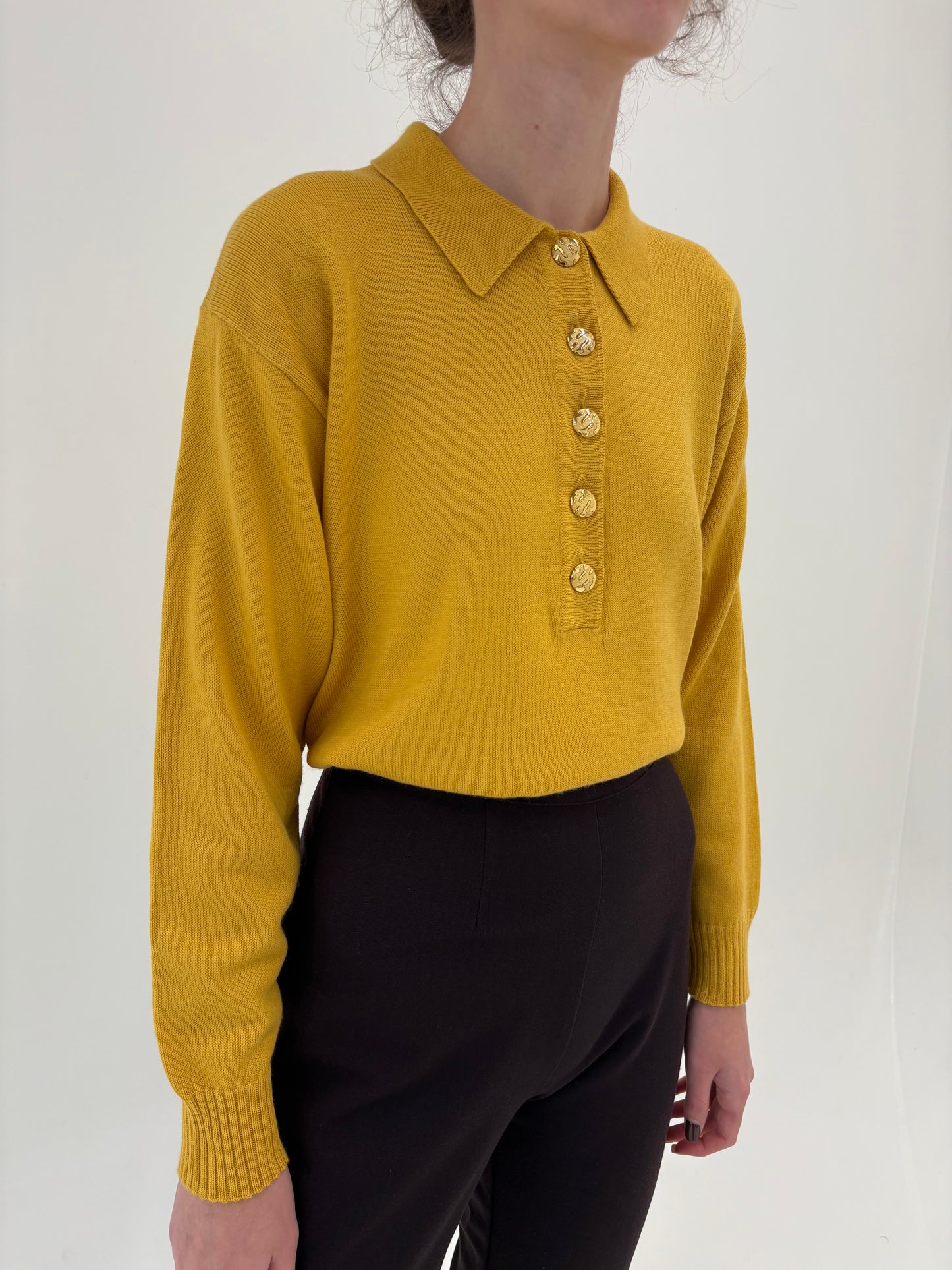 Pulover polo vintage mustard yellow din lana extrafina de gramaj mare
