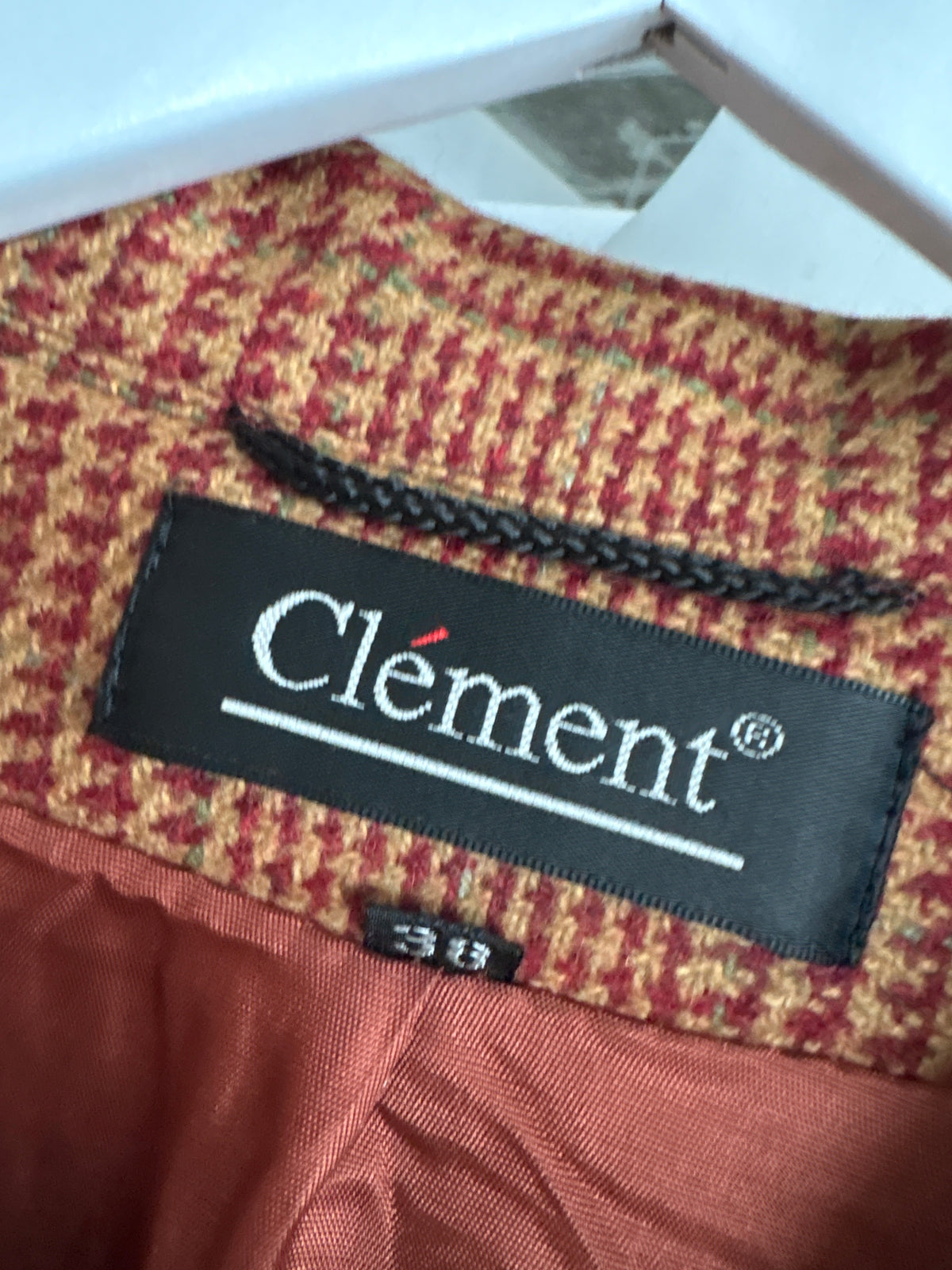 Sacou camel din tweed pied de coq burgundy din lana virgină în croi clasic