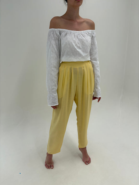 Pantaloni super vaporoși de vară drapați butter yellow cu talie ultra înaltă