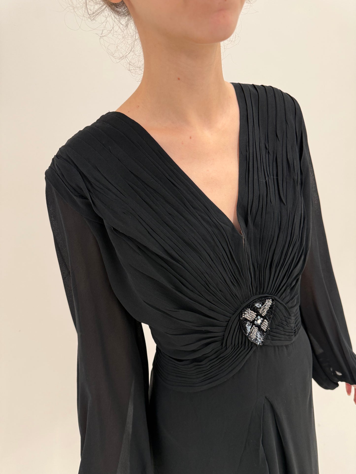 LBD maxi Old vintage anii 40 de colecție din heavy silk georgette cu influențe Art Deco