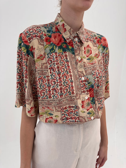 Cămașa camel din canvas de mătase naturală cu print burgundy superb
