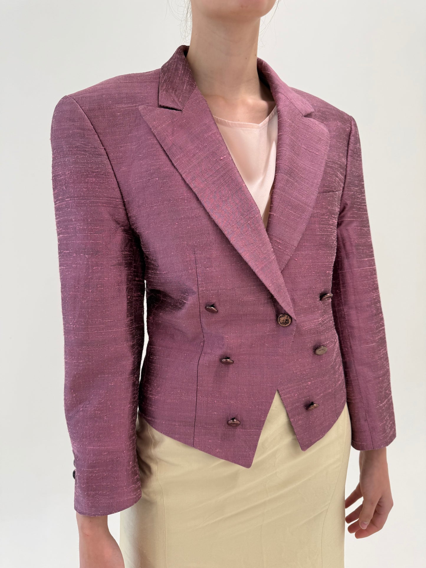 Sacou dusty pink din mătase naturală dupioni cu revere late
