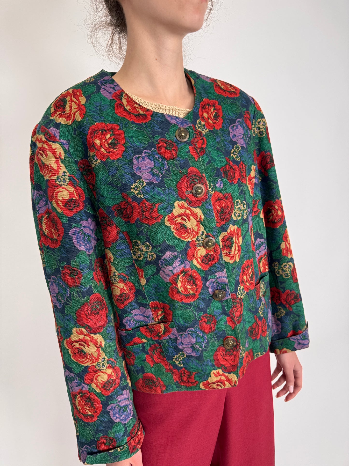 Sacou vintage din pânză de in cu print floral superb