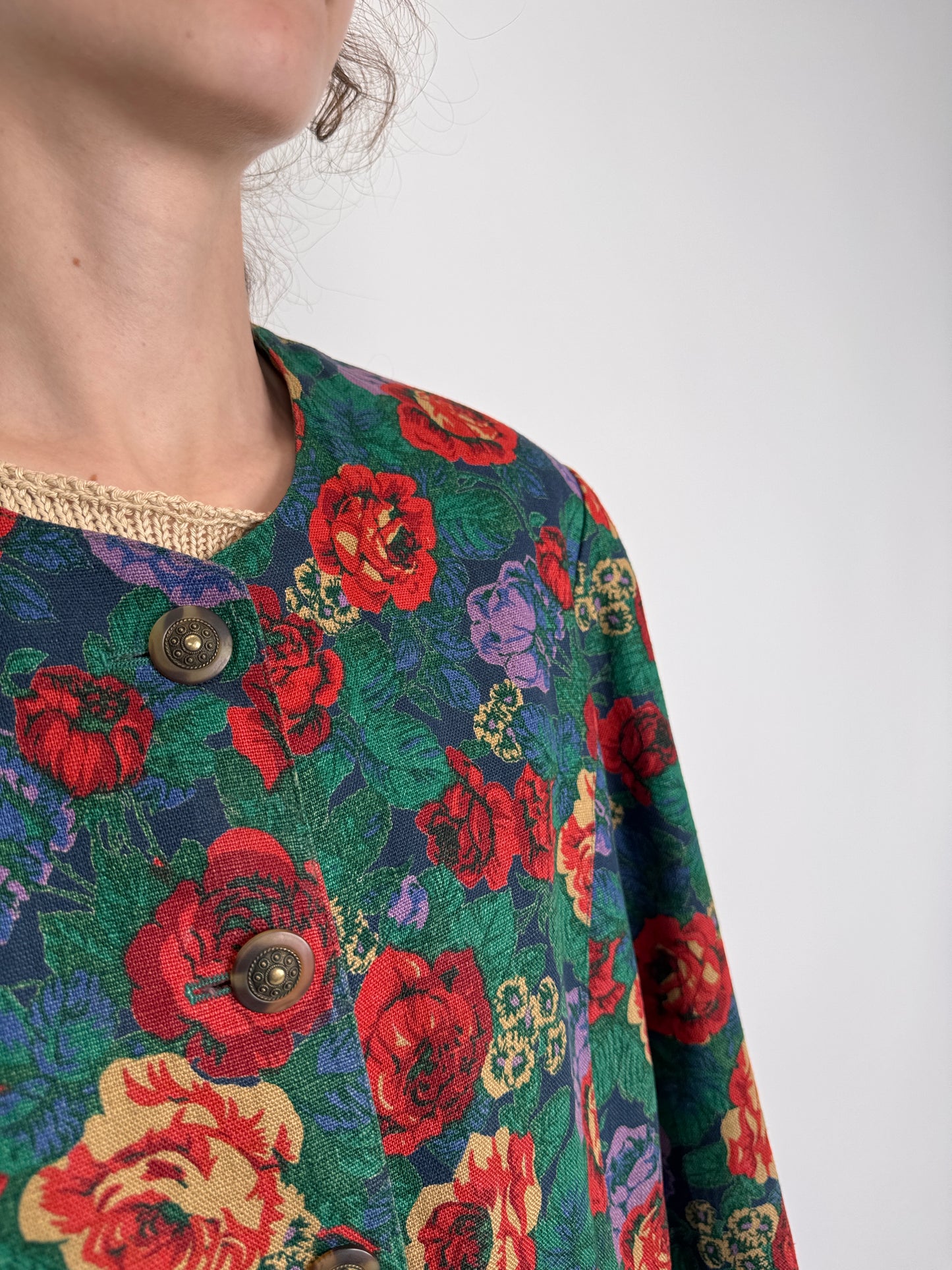 Sacou vintage din pânză de in cu print floral superb
