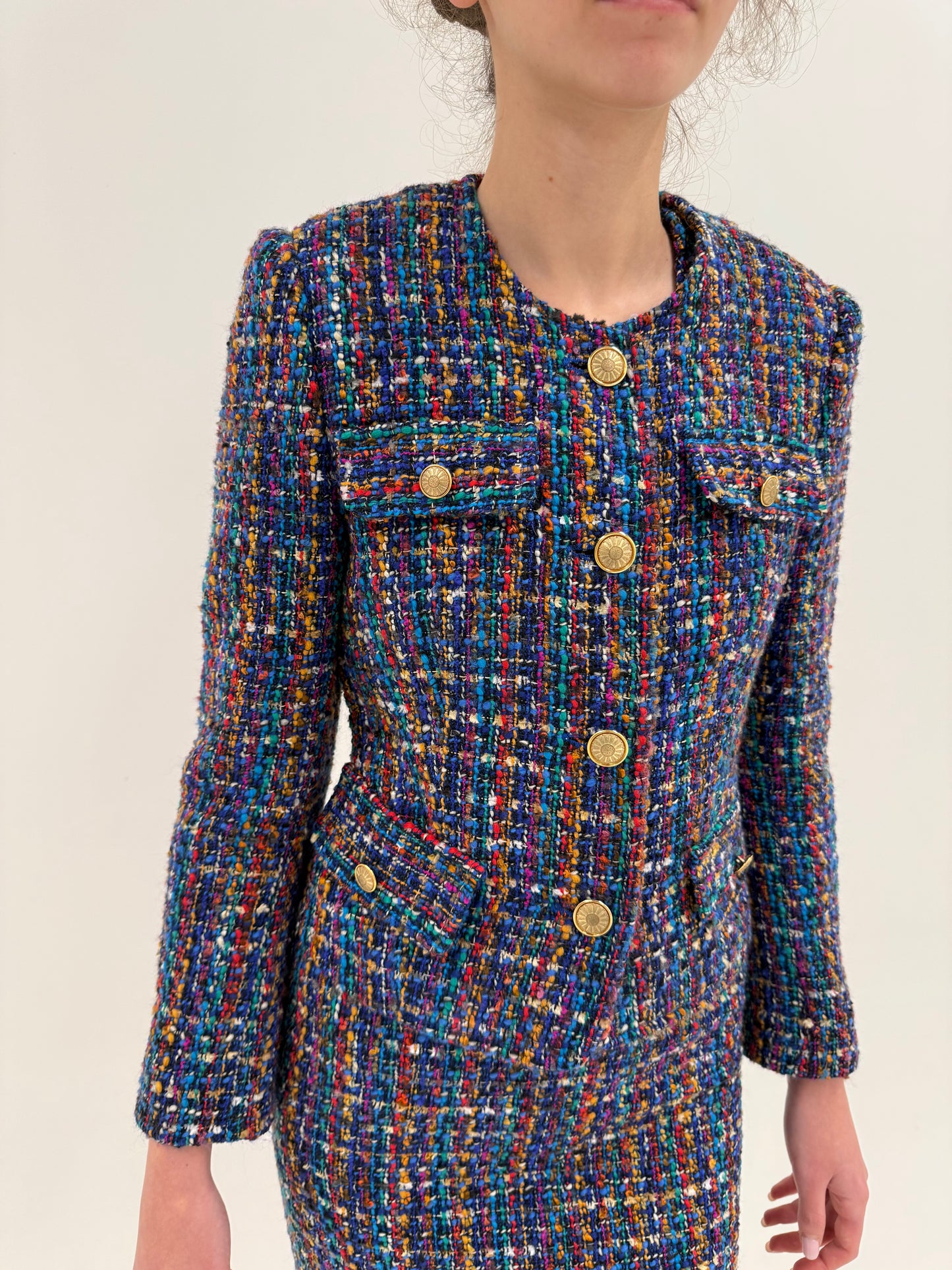 Set vintage in stil Chanel din 3 piese din tweed superb multicolor