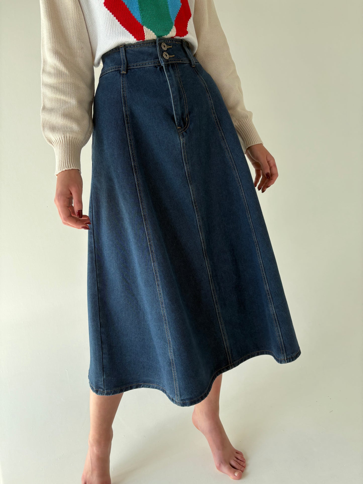 Fustă A-line vintage din jeans premium darker wash cu talie ultra înaltă