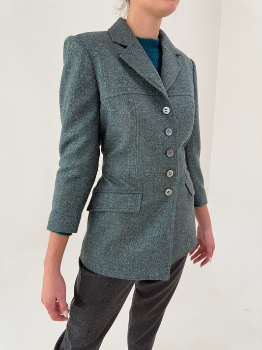 Sacou vintage petite cambrat în croi lung din lana melanj taupe cu baby blue