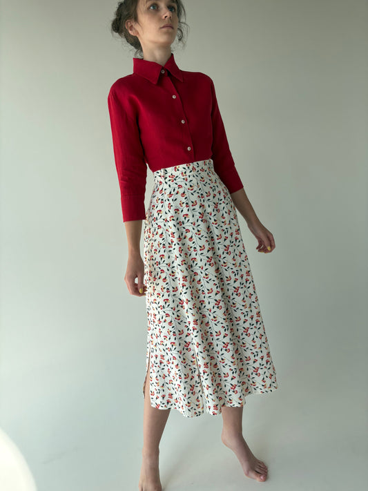 Fustă ivoire cu talie ultra înaltă și print floral delicat