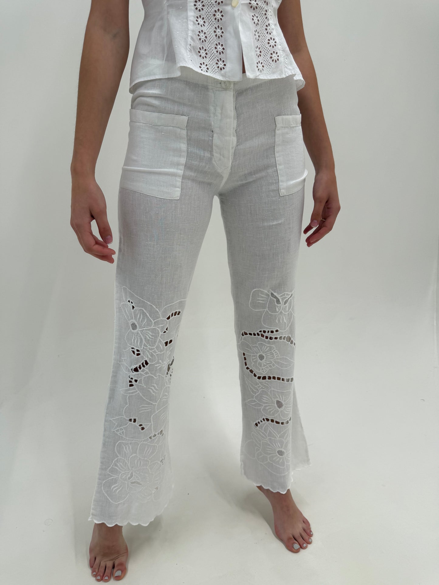 Pantaloni de brand luxury italian din in Antica Sartoria Italiana cu broderie anglaise