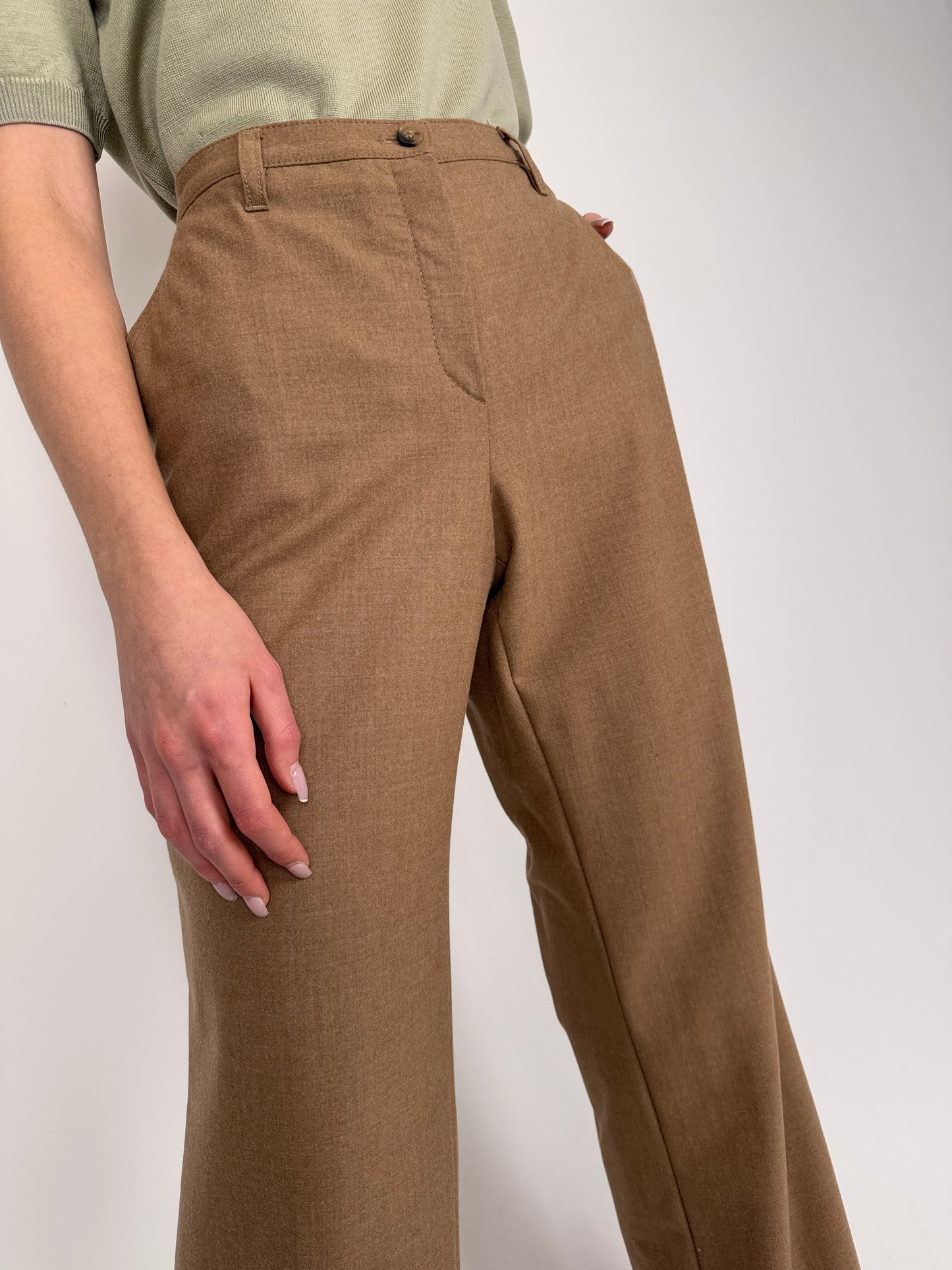 Pantaloni camel tall din stofă de lana extrem de fină plină ușor strech