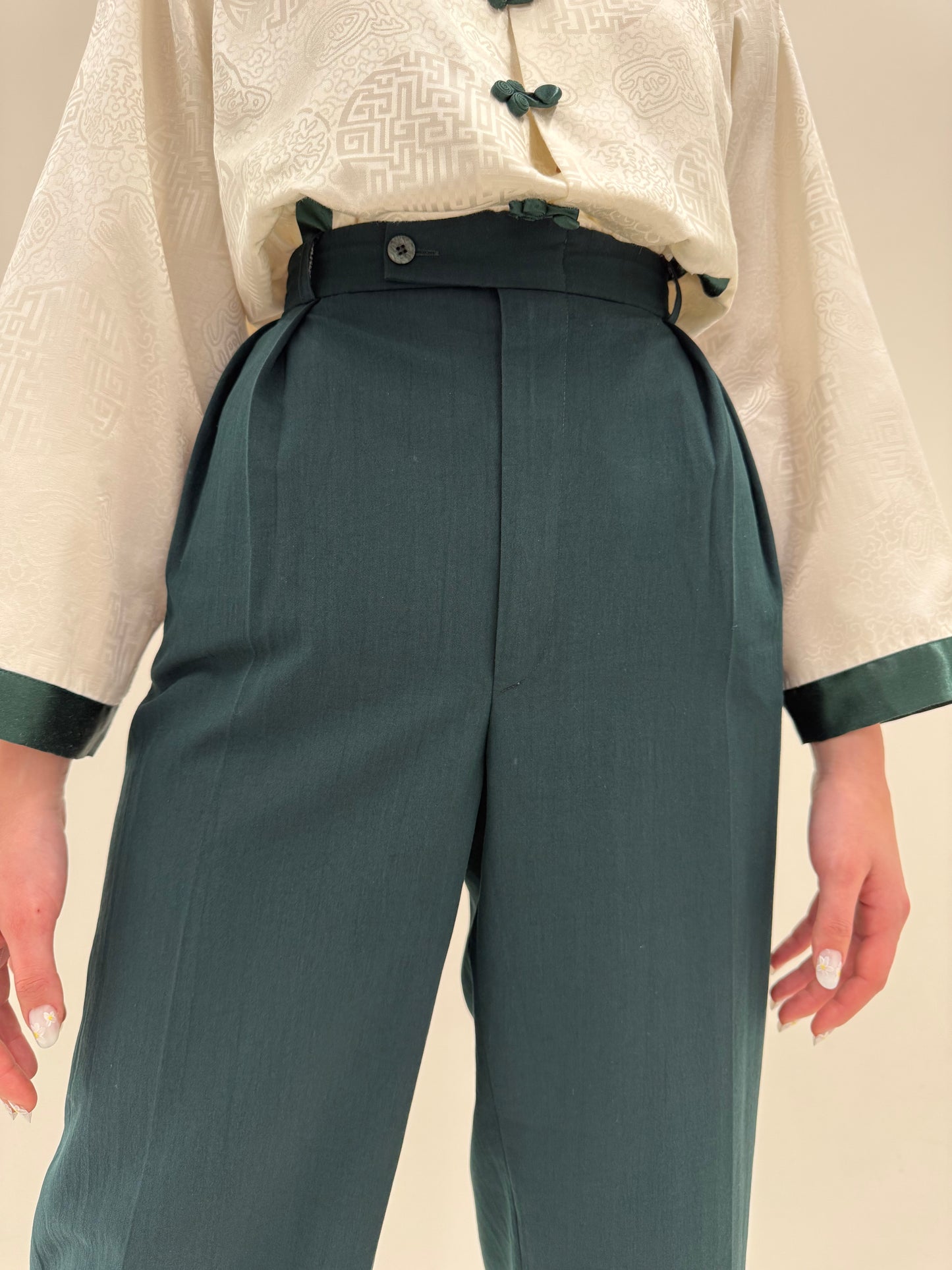 Pantaloni vintage italienești dark green din twill de bumbac cu pense
