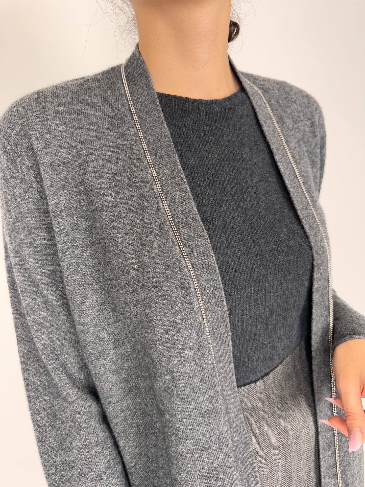 Cardigan lung pebble gray din lana și cașmir